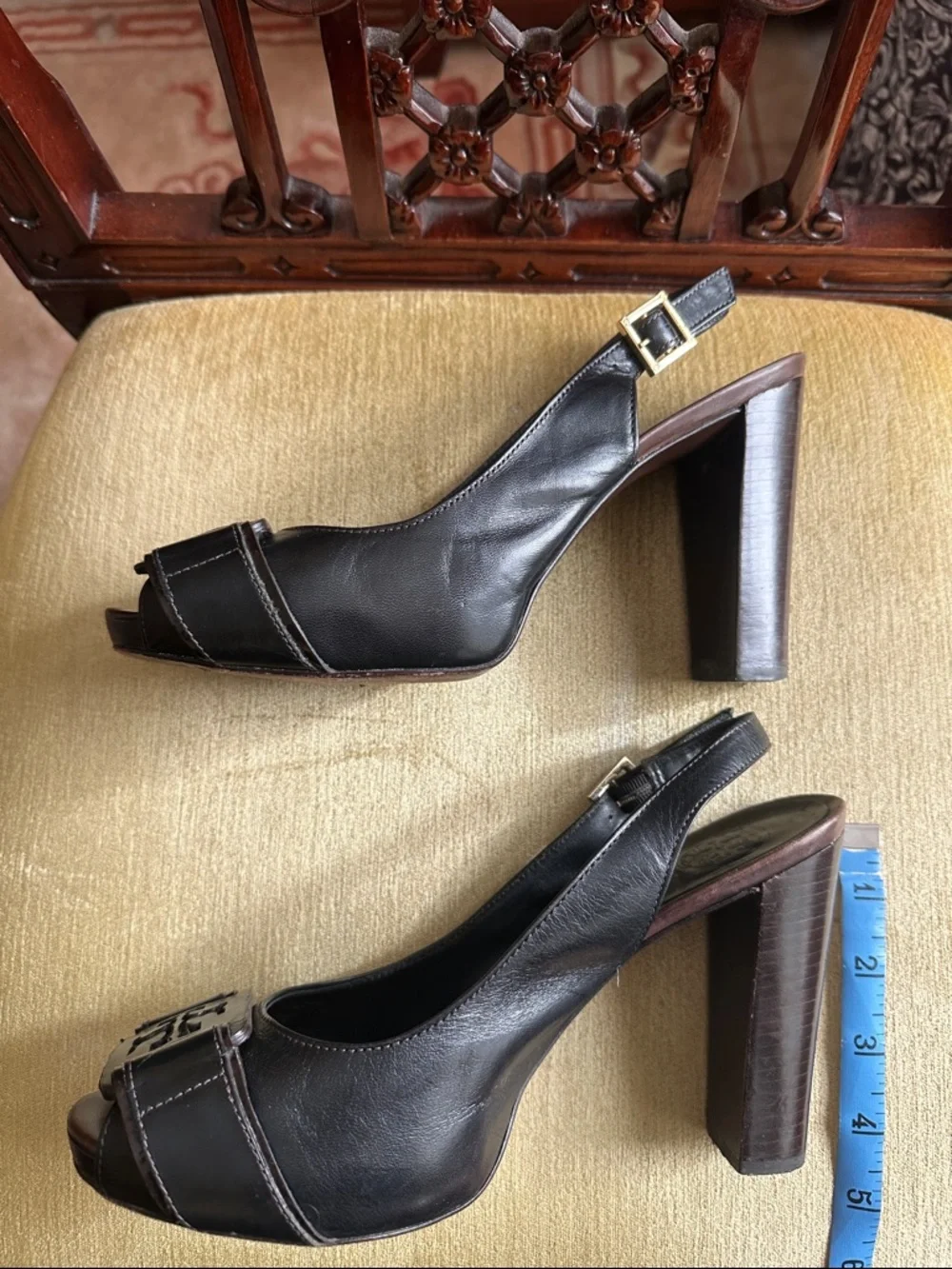 Tory Burch Black Leather Slingback Peep-Toe Heels with Buckle Detail Size 8.5